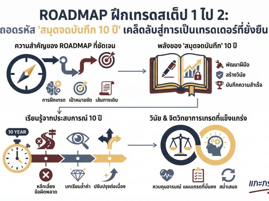 อินโฟกราฟิกสรุปเรื่อง Roadmap ฝึกเทรดสเต็ป 1 ไป 2 เผยความลับ "สมุดจดบันทึก 10 ปี" ที่ทำให้รอดในตลาด