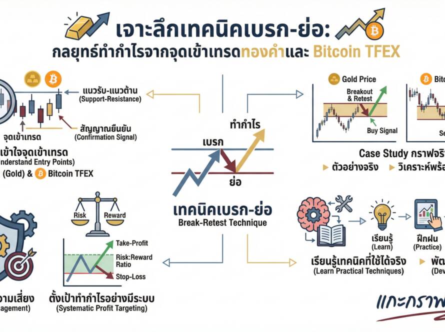 อินโฟกราฟิกสรุปเรื่อง เจาะลึกจุดเข้าเทรด Case study การหวดทองคำ + Bitcoin TFEX | เทคนิคเบรก-ย่อ ที่ทำกำไรได้จริง!