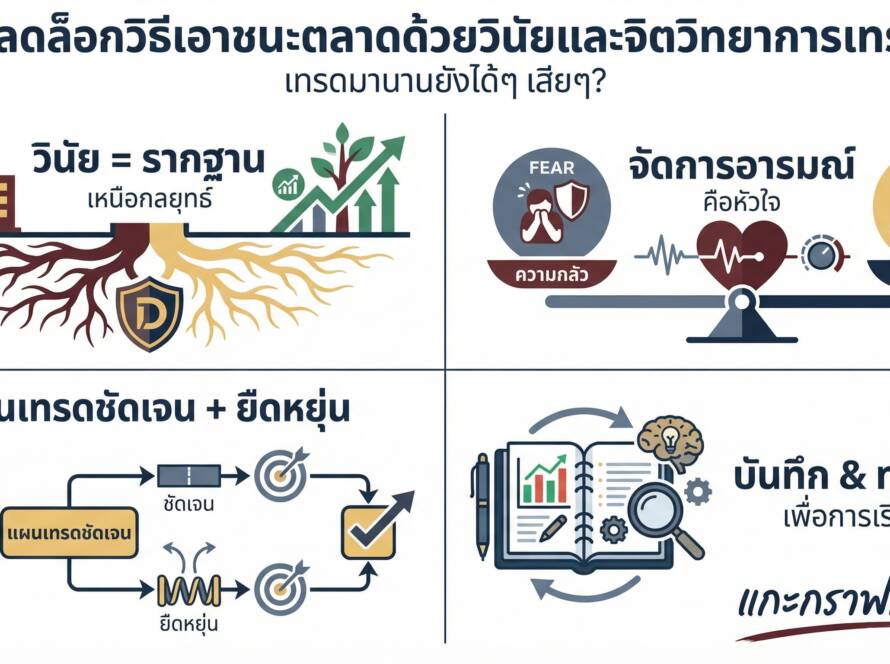 อินโฟกราฟิกสรุปเรื่อง เทรดมานาน ทำไมยังได้ๆ เสียๆ - วิธีเอาชนะตลาดด้วยวินัยและอารมณ์ | แกะกราฟกับกุ๊ก