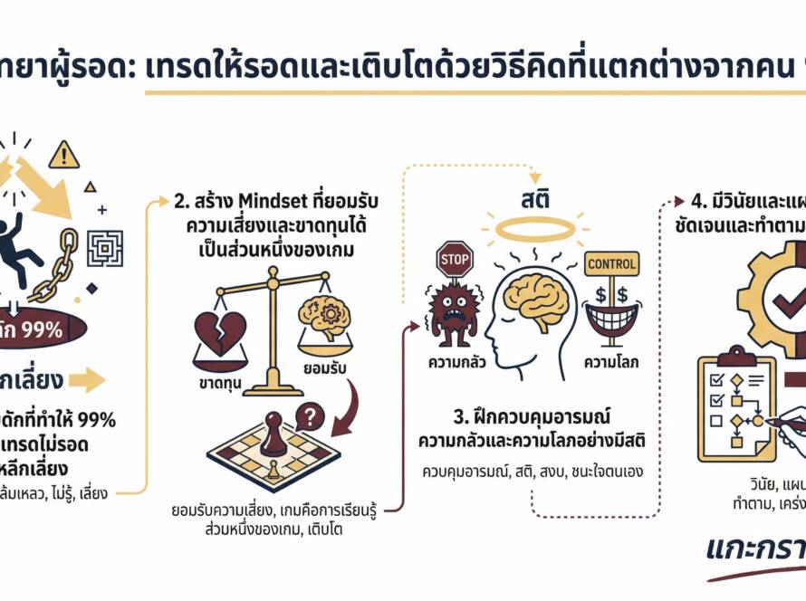 อินโฟกราฟิกสรุปเรื่อง จิตวิทยาของผู้รอด เทรดให้รอดก่อน แล้วค่อยโต l วิธีคิดที่ต่างจากคน 99% ที่ยังไม่รอด
