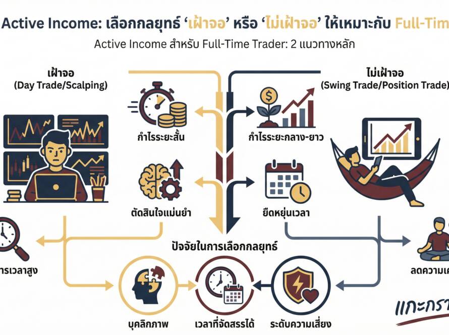 อินโฟกราฟิกสรุปเรื่อง จัดพอร์ต Active Income: "เฝ้าจอ" vs "ไม่เฝ้าจอ" | เทคนิคสำหรับ Full-Time Trader
