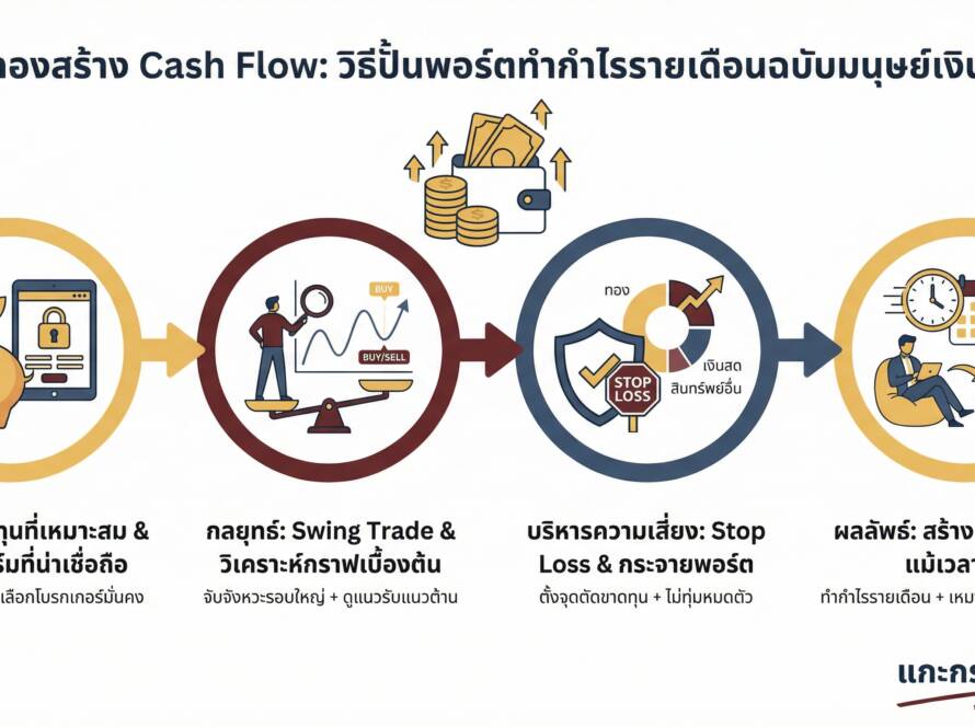 อินโฟกราฟิกสรุปเรื่อง เทรดทองสร้าง Cash Flow วิธีปั้นพอร์ตทำกำไรรายเดือน (ฉบับมนุษย์เงินเดือน)