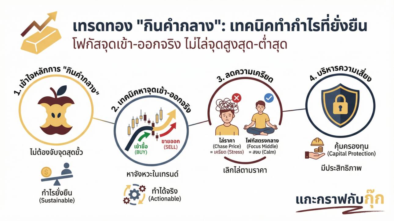 อินโฟกราฟิกสรุปเรื่อง เทรดทอง "กินคำกลาง" เทคนิคหาจุดเข้า-ออกที่ทำได้จริง (เลิกพยายามซื้อต่ำสุด-ขายสูงสุด)