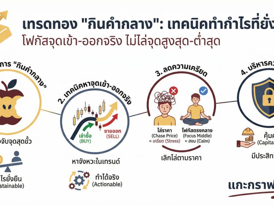 อินโฟกราฟิกสรุปเรื่อง เทรดทอง "กินคำกลาง" เทคนิคหาจุดเข้า-ออกที่ทำได้จริง (เลิกพยายามซื้อต่ำสุด-ขายสูงสุด)