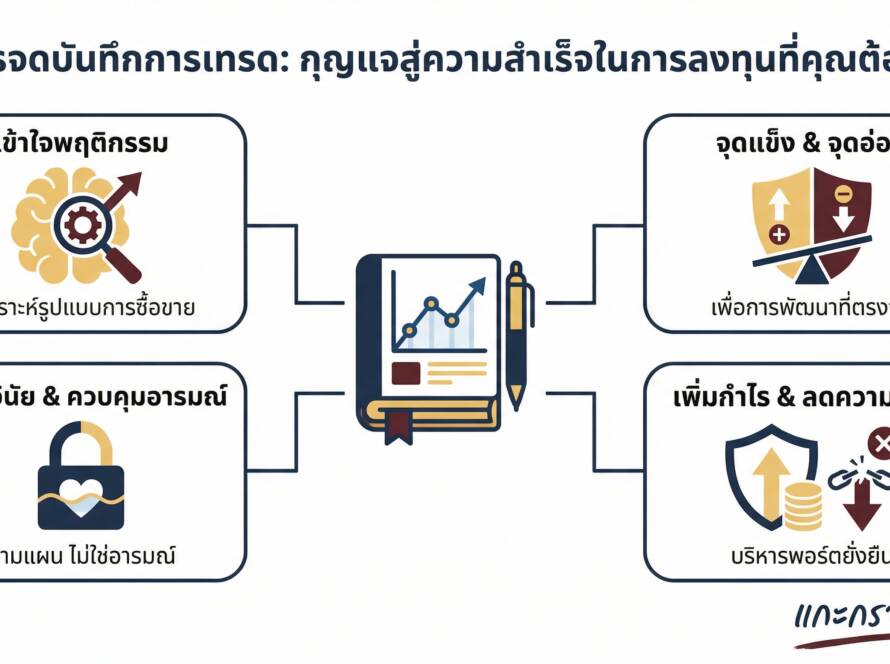 อินโฟกราฟิกสรุปเรื่อง การจดบันทึกการเทรด: เคล็ดลับสู่ความสำเร็จในการลงทุน | แกะกราฟกับกุ๊ก