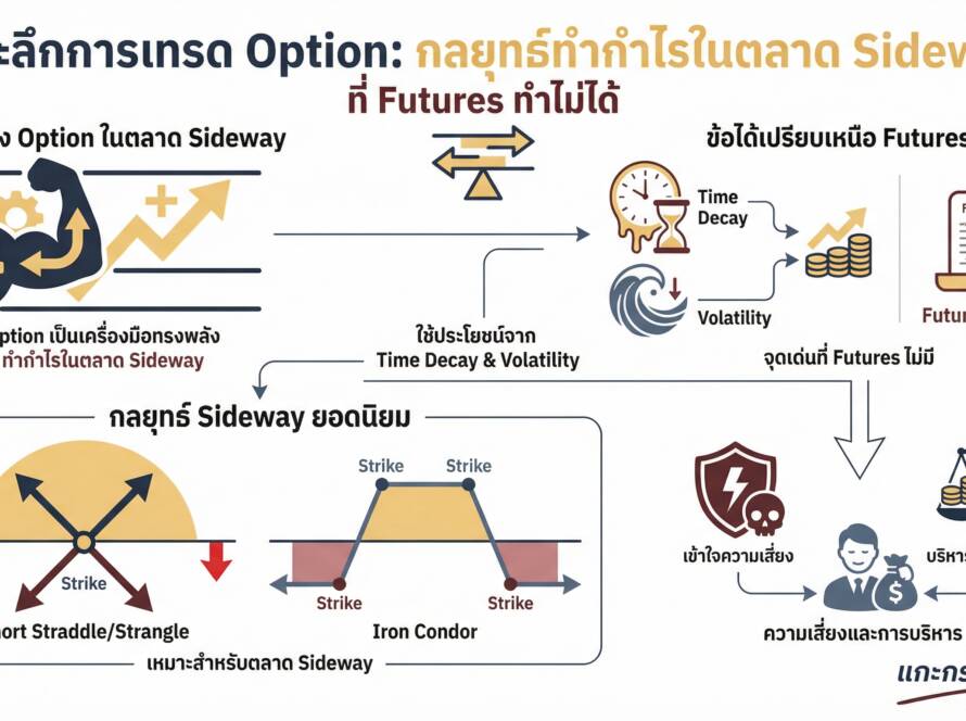 อินโฟกราฟิกสรุปเรื่อง เจาะลึกการเทรด Option วิธีทำกำไรในตลาด Sideway ที่ Futures ทำไม่ได้