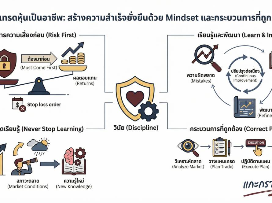 อินโฟกราฟิกสรุปเรื่อง การเทรดหุ้นเป็นอาชีพ Mindset, กระบวนการ, และการสร้างความสำเร็จที่ยั่งยืน | แกะกราฟกับกุ๊ก