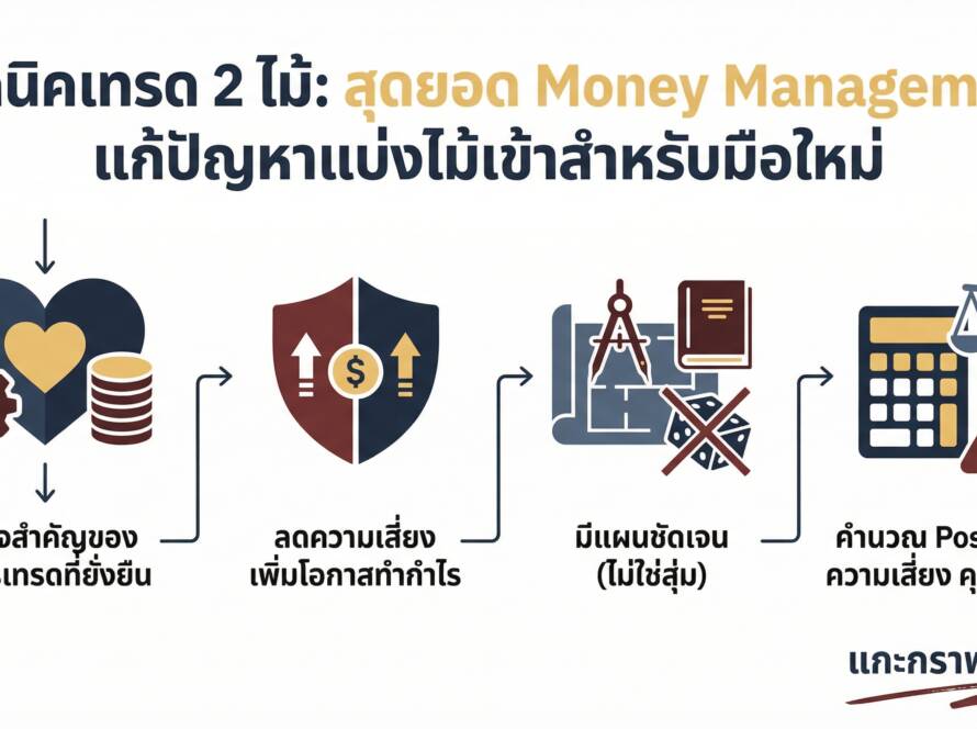 อินโฟกราฟิกสรุปเรื่อง ปัญหาของมือใหม่ในการแบ่งไม้เข้า เทคนิคเทรด 2 ไม้ แก้ปัญหาเทรดเดอร์มือใหม่ด้วย MM (Money Management)