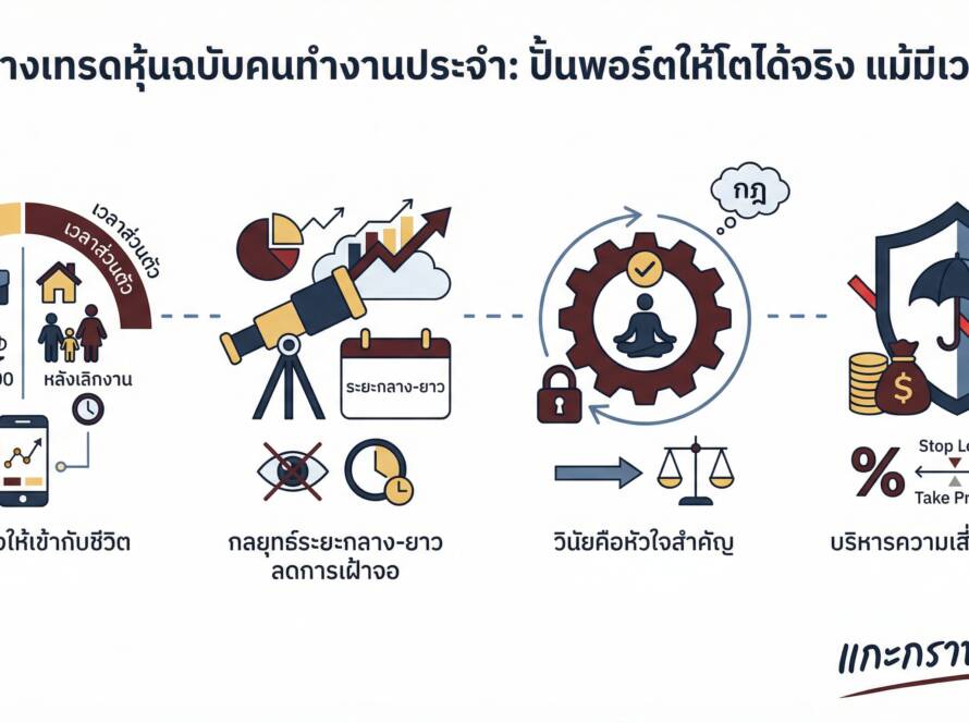 อินโฟกราฟิกสรุปเรื่อง จัดตารางเทรดฉบับคนทำงานประจำ | ไม่มีเวลาเฝ้าจอก็ปั้นพอร์ตได้จริง | วินัยการเทรดสำหรับมือใหม่
