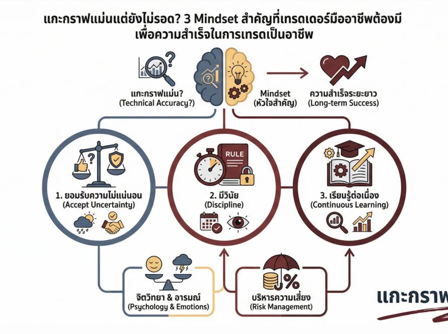 อินโฟกราฟิกสรุปเรื่อง แกะกราฟแม่นแต่ทำไมยังไม่รอด? 3 Mindset ที่สำคัญกว่ากำไรในการเทรดเป็นอาชีพ