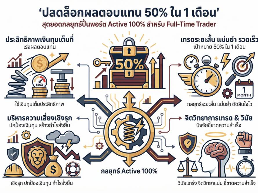 อินโฟกราฟิกสรุปเรื่อง ปั้นพอร์ต Active 100% สร้างผลตอบแทน 50% ใน 1 เดือน สำหรับ Full-Time Trader