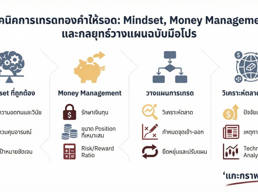 อินโฟกราฟิกสรุปเรื่อง เทคนิคการเทรดทองคำ Mindset, MM และการวางแผนให้รอดในตลาดหุ้นไทย| แกะกราฟกับกุ๊ก
