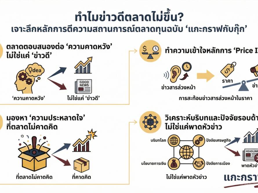อินโฟกราฟิกสรุปเรื่อง ทำไมข่าวดีตลาดไม่ขึ้น? | หลักการตีความสถานการณ์ตลาดทุน (EP1)