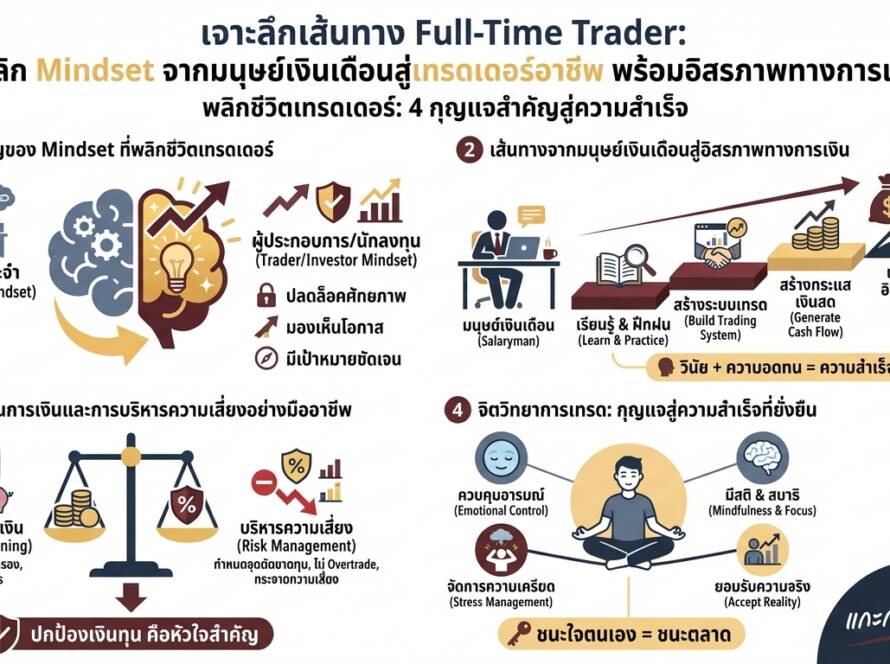 อินโฟกราฟิกสรุปเรื่อง เจาะลึกเส้นทาง Full-Time Trader เล่า Mindset พลิกชีวิตจากมนุษย์เงินเดือนสู่เทรดเดอร์อาชีพ