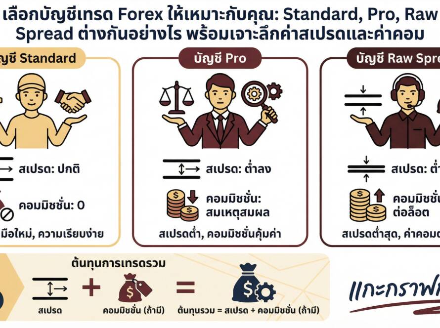 อินโฟกราฟิกสรุปเรื่อง เลือกประเภทบัญชีเทรดยังไง? Standard, Pro, Raw Spread ต่างกันตรงไหน | อธิบายค่าสเปรด & ค่าคอม