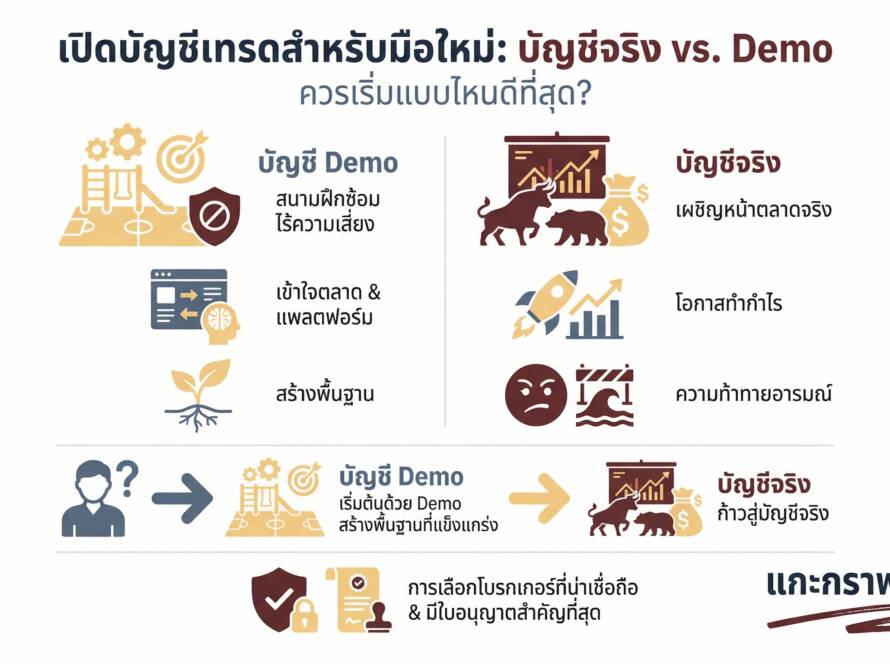 อินโฟกราฟิกสรุปเรื่อง วิธีเปิดบัญชีเทรด มือใหม่ควรเริ่มจากบัญชีจริง หรือ Demo ก่อนดี?