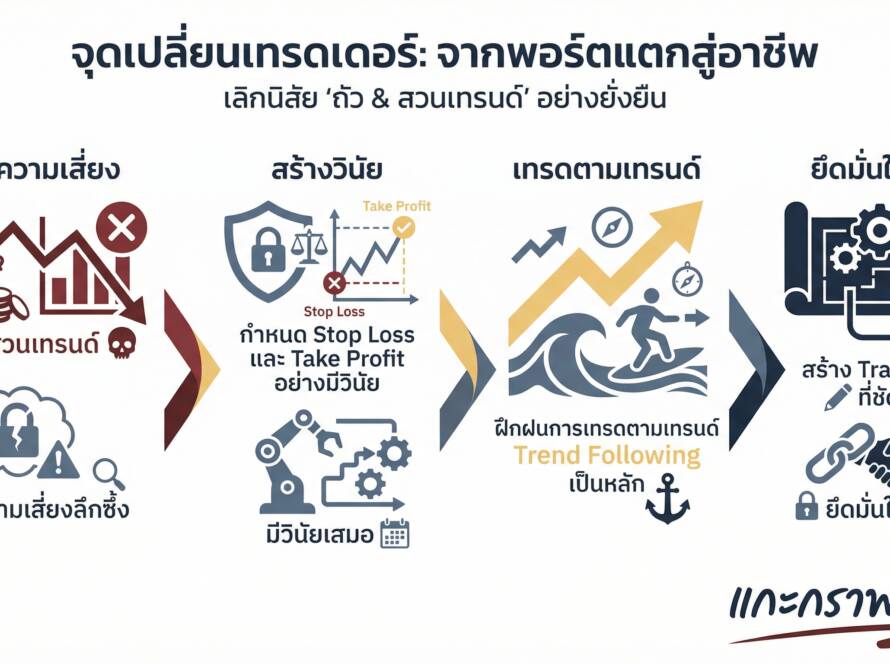 อินโฟกราฟิกสรุปเรื่อง จุดเปลี่ยน (Turning Point) จากพอร์ตแตกสู่อาชีพ: เลิกนิสัย "ถัว & สวนเทรนด์"