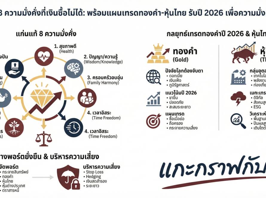 อินโฟกราฟิกสรุปเรื่อง 8 ความมั่งคั่งที่เงินซื้อไม่ได้ & แผนเทรดทองคำ-หุ้นไทย รับปี 2026 (สรุป The Wealth Money Can't Buy)