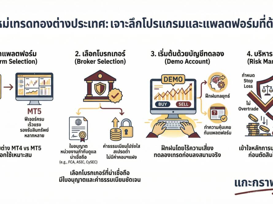 อินโฟกราฟิกสรุปเรื่อง มือใหม่เทรดทองต่างประเทศ ใช้โปรแกรมอะไรบ้าง | แกะกราฟกับกุ๊ก
