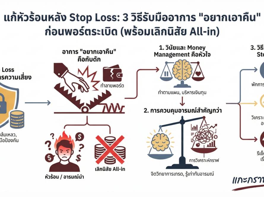 อินโฟกราฟิกสรุปเรื่อง โดน Stop Loss แล้วหัวร้อน? 3 วิธีแก้อาการ "อยากเอาคืน" ก่อนพอร์ตระเบิด (เลิกนิสัย All-in)