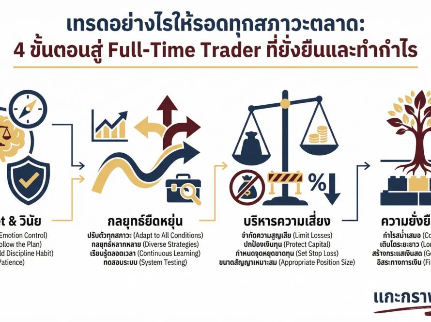อินโฟกราฟิกสรุปเรื่อง เทรดอย่างไรให้ "รอด" ทุกสภาวะตลาด | 4 ขั้นตอนสู่ Full-Time Trader ที่ยั่งยืน