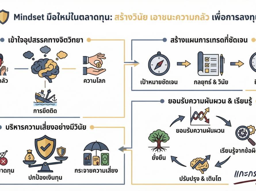 อินโฟกราฟิกสรุปเรื่อง Mindset ที่มือใหม่ต้องก้าวข้าม วิธีสร้างวินัยและเอาชนะความกลัวในตลาดทุน | แกะกราฟกับกุ๊ก