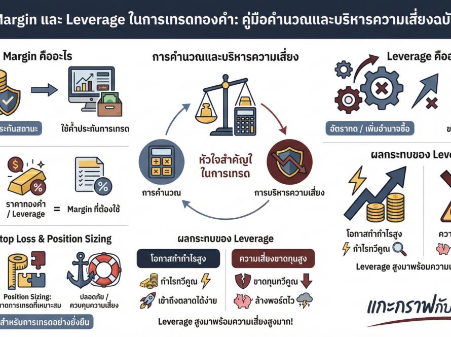 อินโฟกราฟิกสรุปเรื่อง เจาะลึก วิธีคำนวณ Margin (มาจิน) และ Leverage Rate ในการเทรดทองคำ พร้อมตัวอย่างจริง