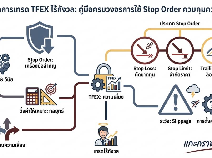 อินโฟกราฟิกสรุปเรื่อง วิธีการใช้ Stop Order เพื่อควบคุมความเสี่ยงในการเทรด TFEX | ตั้งเงื่อนไขซื้อขาย | แกะกราฟกับกุ๊ก