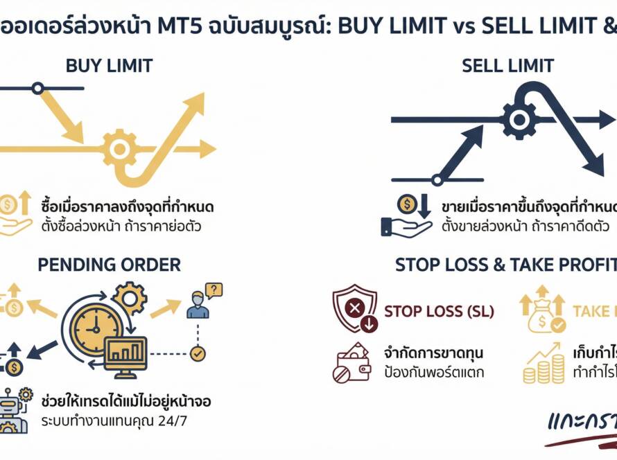 อินโฟกราฟิกสรุปเรื่อง Buy Limit vs Sell Limit คืออะไร? | สอนวิธีตั้งออเดอร์ล่วงหน้า พร้อม Stop Loss & Take Profit ใน MT5