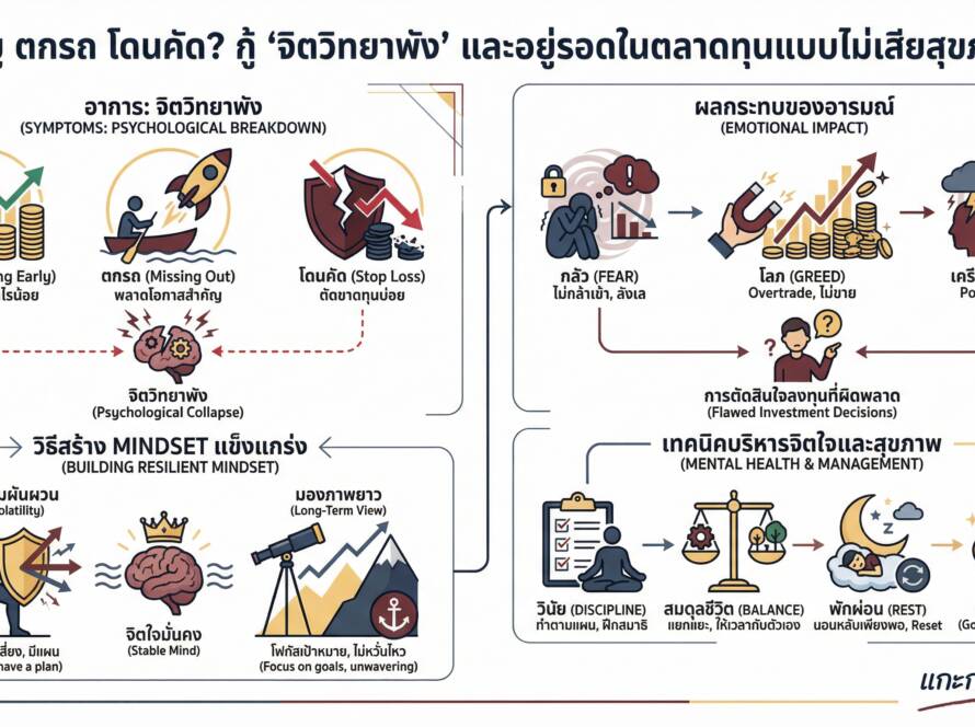 อินโฟกราฟิกสรุปเรื่อง ขายหมู ตกรถ โดนคัด! วิธีแก้ "จิตวิทยาพัง" และการอยู่รอดในตลาดทุนแบบไม่เสียสุขภาพจิต