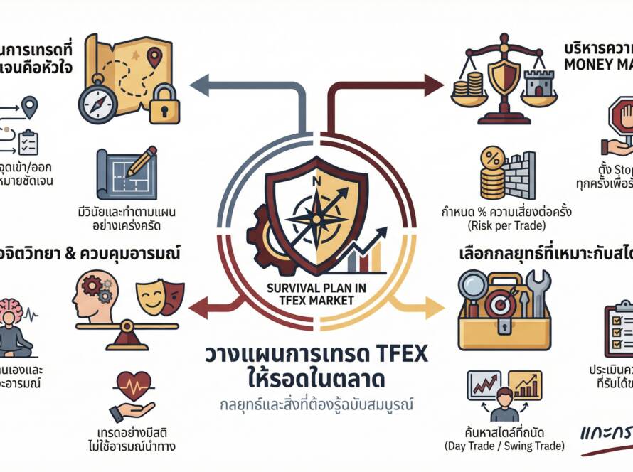 อินโฟกราฟิกสรุปเรื่อง วางแผนการเทรด TFEX อยากรอด สิ่งที่ต้องรู้ | แกะกราฟกับกุ๊ก