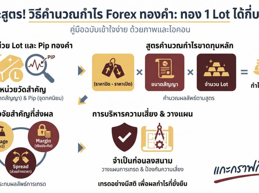 อินโฟกราฟิกสรุปเรื่อง วิธีคํานวณกําไร Forex ทองคํา (ทองคำ 1 Lot กำไรเท่าไหร่?)