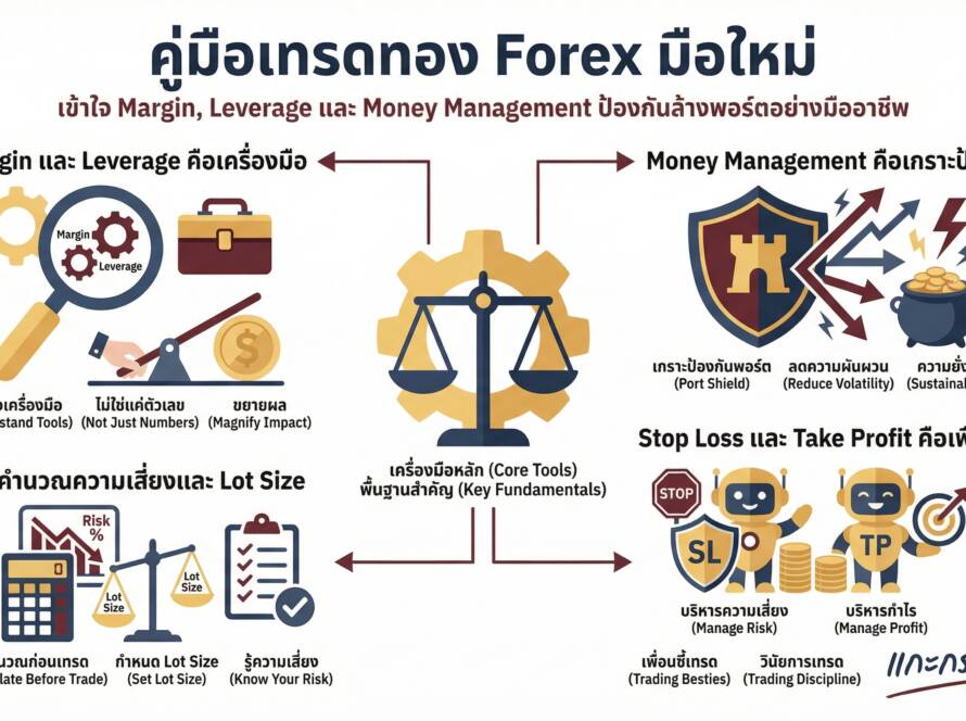 อินโฟกราฟิกสรุปเรื่อง สอนเทรดทอง Forex มือใหม่ เจาะลึกวิธีคำนวณ Margin Leverage และ Money Management ไม่ให้ล้างพอร์ต