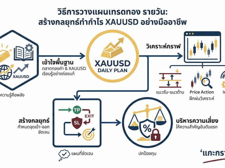 อินโฟกราฟิกสรุปเรื่อง วิธีการวางแผนเทรดทอง รายวัน | แกะกราฟกับกุ๊ก