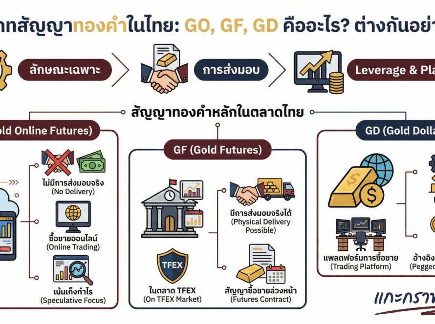 อินโฟกราฟิกสรุปเรื่อง ประเภทสัญญาทองคำในไทย มีกี่แบบ? GO, GF, GD ต่างกันยังไง?