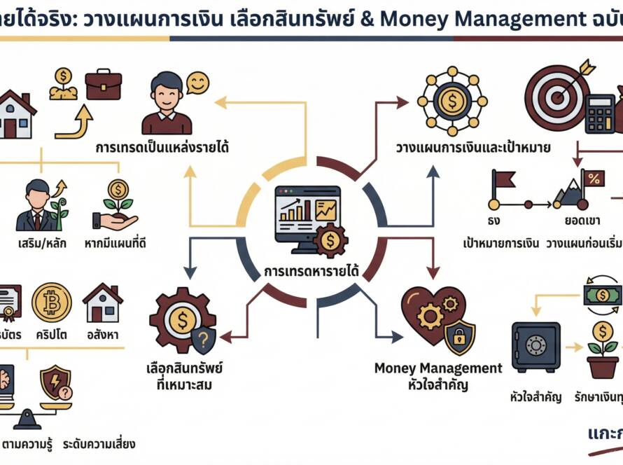 อินโฟกราฟิกสรุปเรื่อง เทรดหารายได้ วางแผนรายได้อย่างไร เลือกสินทรัพย์ & Money Management | แกะกราฟกับกุ๊ก
