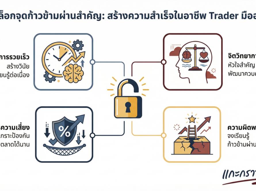 อินโฟกราฟิกสรุปเรื่อง จุดก้าวข้ามผ่านที่สำคัญของอาชีพ Trader | แกะกราฟกับกุ๊ก