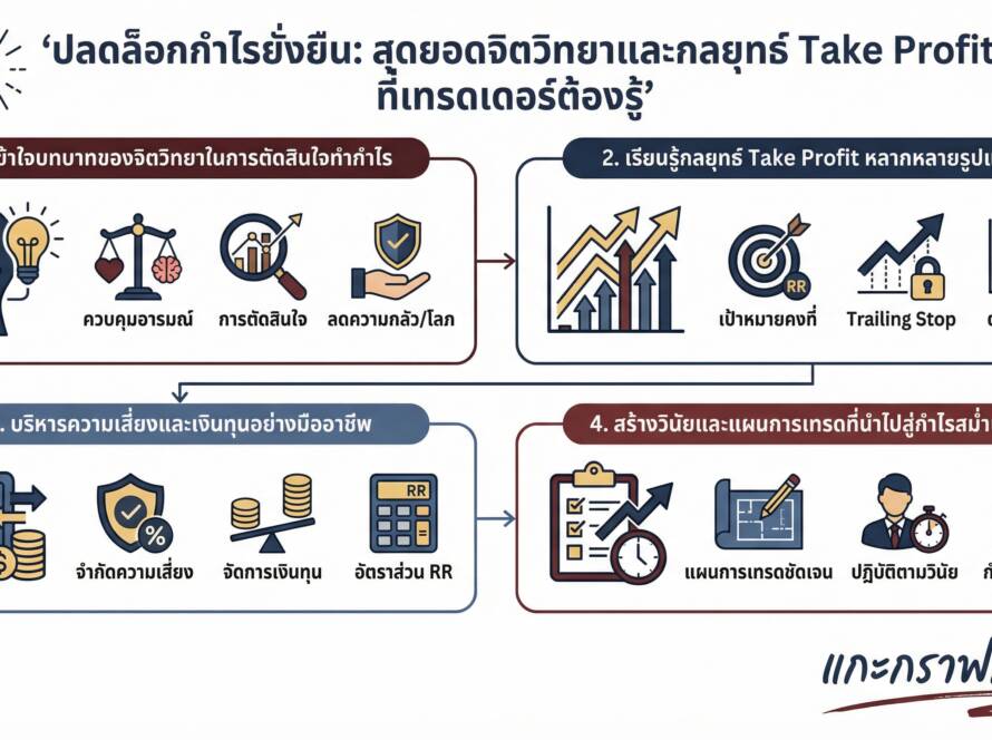 อินโฟกราฟิกสรุปเรื่อง พัฒนาจิตวิทยาและกลยุทธ์ Take Profit ให้ได้กำไรอย่างยั่งยืน