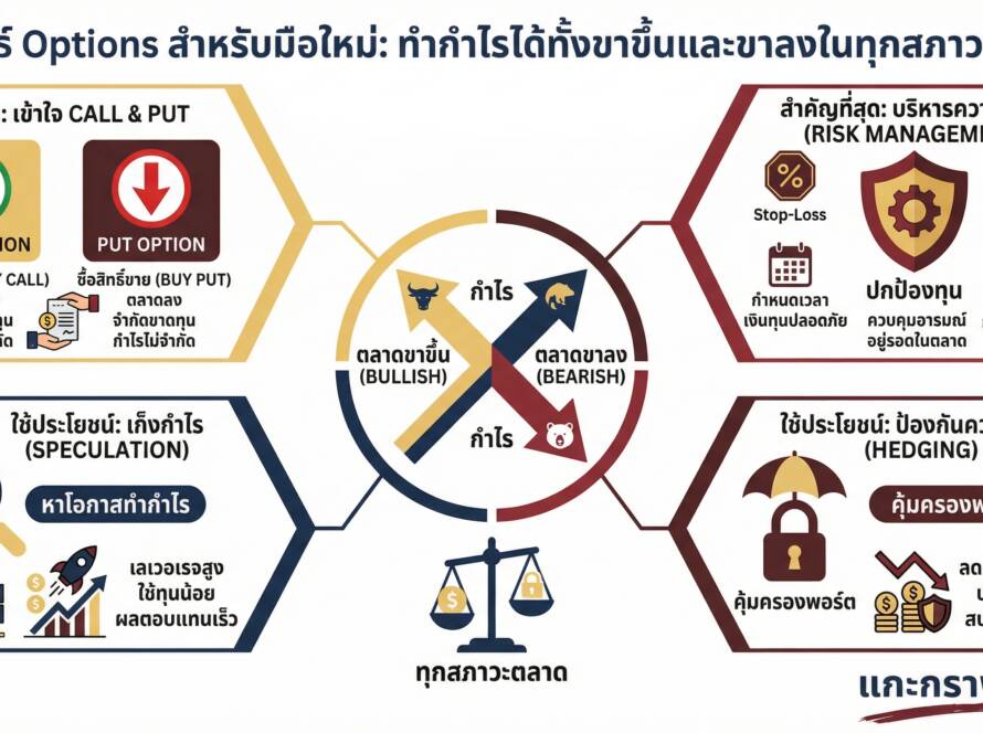 อินโฟกราฟิกสรุปเรื่อง Options Strategy สำหรับมือใหม่ ทำกำไรทั้งขาขึ้นและขาลง | แกะกราฟกับกุ๊ก