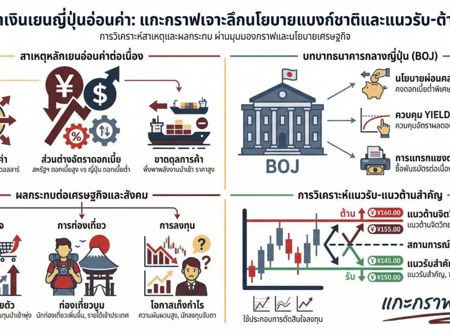 อินโฟกราฟิกสรุปเรื่อง ค่าเงินเยนญี่ปุ่น วิเคราะห์เจาะลึกนโยบายแบงก์ชาติ ทำไมเยนถึงอ่อนค่าไม่หยุด? (พร้อมแนวรับ-ต้าน)