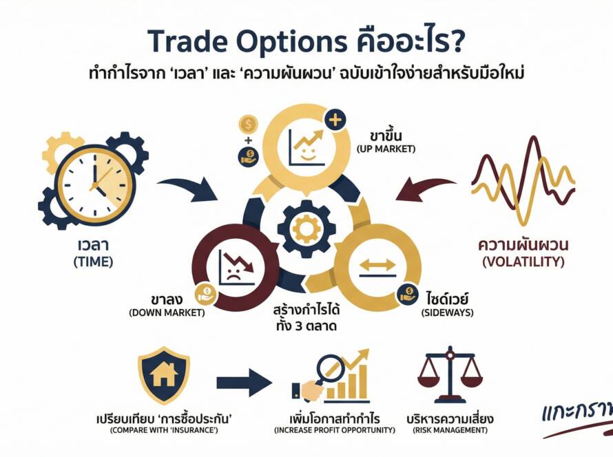 อินโฟกราฟิกสรุปเรื่อง Trade Options มันดียังไง เทรดทำกำไรจาก "เวลา" และ "ความผันผวน" ฉบับเข้าใจง่ายเหมือนซื้อประกัน