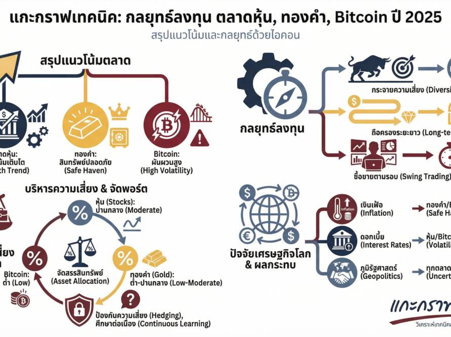 อินโฟกราฟิกสรุปเรื่อง ตลาดหุ้น,ทองคำ, Bitcoin และเทคนิคการลงทุนปี 2025 | แกะกราฟกับกุ๊ก