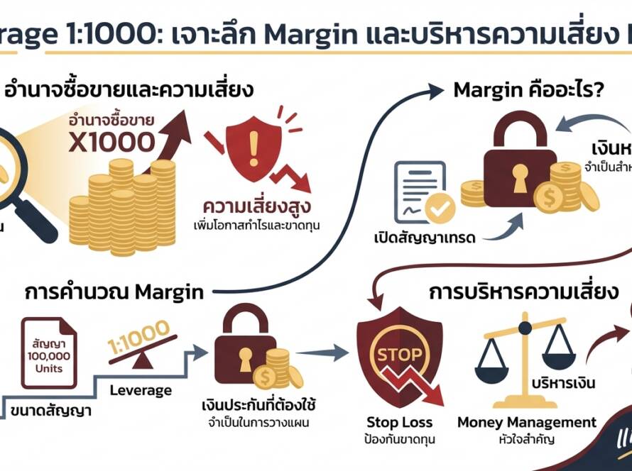 อินโฟกราฟิกสรุปเรื่อง leverage 1:1000 ดียังไง? อธิบายการคำนวณ Margin & ความเสี่ยงให้เข้าใจง่าย