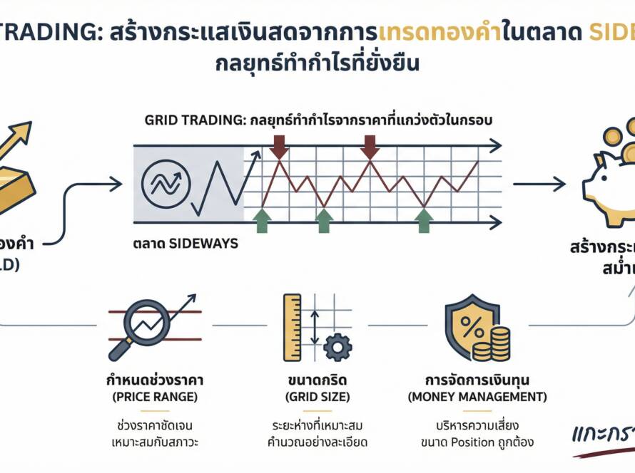 อินโฟกราฟิกสรุปเรื่อง Grid Trading สร้างกระแสเงินสดจากการเทรดทองคำ กลยุทธ์ทำกำไรเมื่อราคาแกว่ง