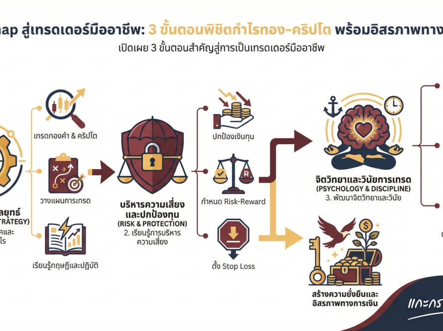 อินโฟกราฟิกสรุปเรื่อง Roadmap วิธีฝึกเทรด EP.3 - 3 Step เป็นเทรดเดอร์มืออาชีพ วิธีเทรดทอง-คริปโตให้มีกำไรและได้ใช้ชีวิต