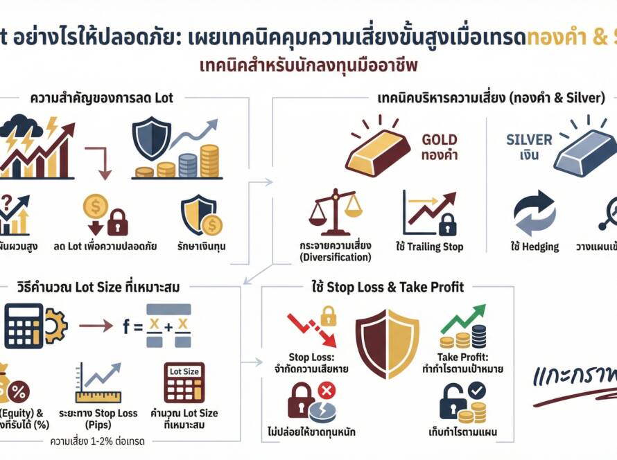 อินโฟกราฟิกสรุปเรื่อง ทำไมต้องลด Lot? เผยเทคนิคคุมความเสี่ยงเมื่อเทรด ทองคำ & Silver พร้อมกัน