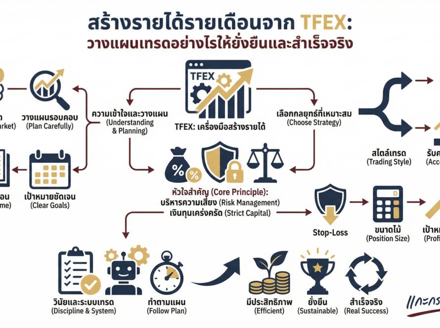 อินโฟกราฟิกสรุปเรื่อง สร้างรายได้รายเดือนจากการเทรด TFEX วางแผนอย่างไรให้สำเร็จ | แกะกราฟกับกุ๊ก