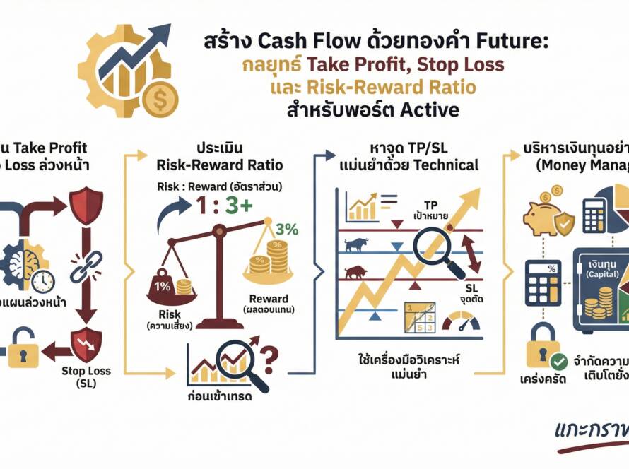 อินโฟกราฟิกสรุปเรื่อง พอร์ต Active เทรด Cash Flow: วิธี Take Profit ทองคำ Future | คำนวณ Stop Loss & Reward