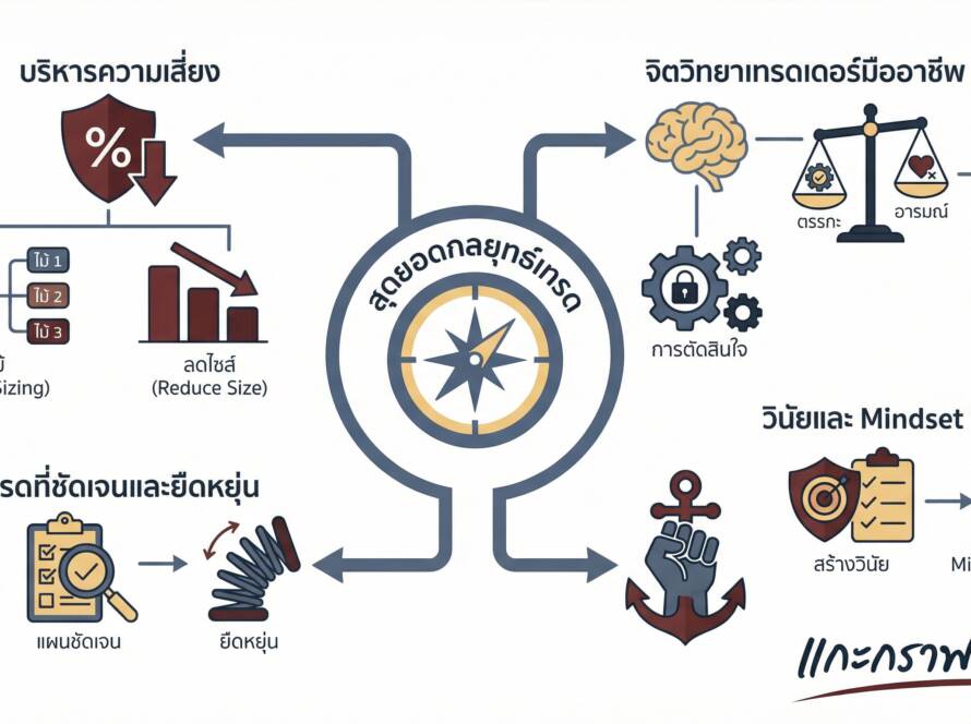 อินโฟกราฟิกสรุปเรื่อง ใส่กลยุทธ์ให้กับการเทรด การแบ่งไม้ การลดไซส์ และการจัดการจิตวิทยาในการเทรด | แกะกราฟกับกุ๊ก