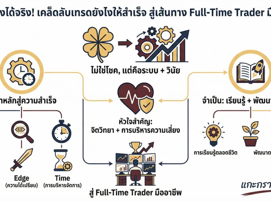 อินโฟกราฟิกสรุปเรื่อง โชคสร้างได้: เทรดยังไงให้สำเร็จ? เคล็ดลับ Full-Time Trader (Work + Edge + Time)